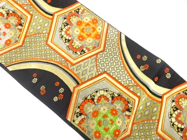 JAPANESE KIMONO / ANTIQUE FUKURO OBI / WOVEN KIKKO & FLORAL CREST